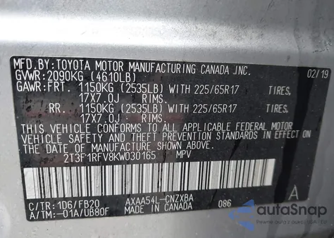 2019 Toyota Rav4 Le from USA, damaged, VIN 2T3F1RFV8KW030165
